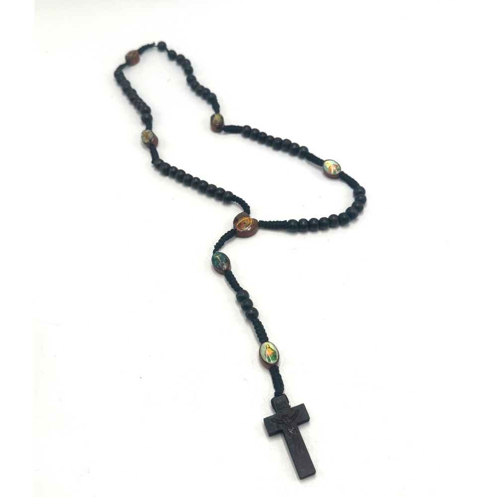 Vintage Wood Bead Rosary Necklace Religious Icons Crucifix Catholic Prayer Beads